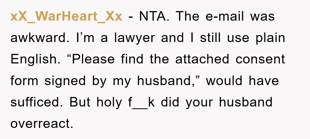 xX_WarHeart_Xx − NTA. The e-mail was awkward. I’m a lawyer and I still use plain English. “Please find the attached consent form signed by my husband,” would have sufficed. But...