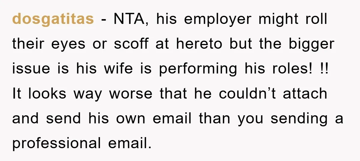 dosgatitas − NTA, his employer might roll their eyes or scoff at hereto but the bigger issue is his wife is performing his roles! !! It looks way worse that...