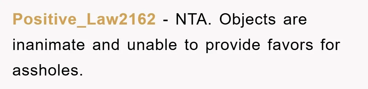 Positive_Law2162 − NTA. Objects are inanimate and unable to provide favors for assholes.