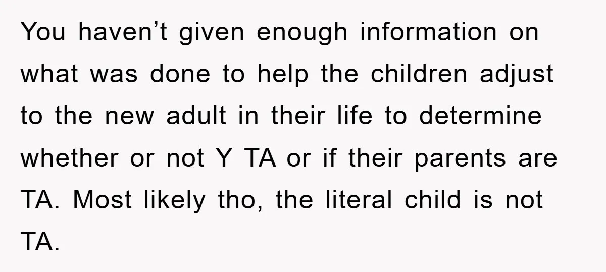 You haven’t given enough information on what was done to help the children adjust to the new adult in their life to determine whether or not Y TA or if...