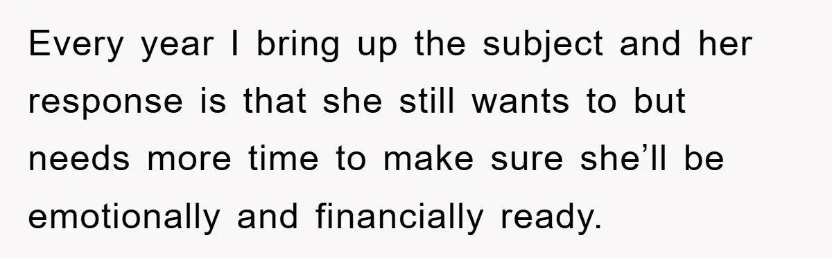 Every year I bring up the subject and her response is that she still wants to but needs more time to make sure she’ll be emotionally and financially ready.