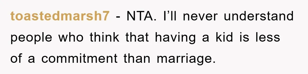 toastedmarsh7 − NTA. I’ll never understand people who think that having a kid is less of a commitment than marriage.