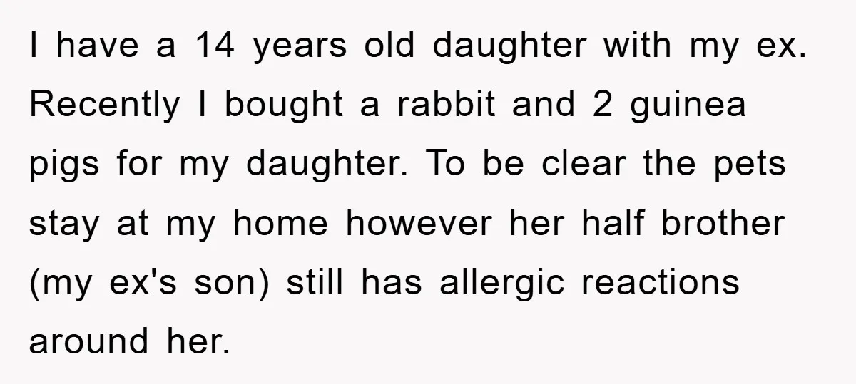 I have a 14 years old daughter with my ex. Recently I bought a rabbit and 2 guinea pigs for my daughter. To be clear the pets stay at my...