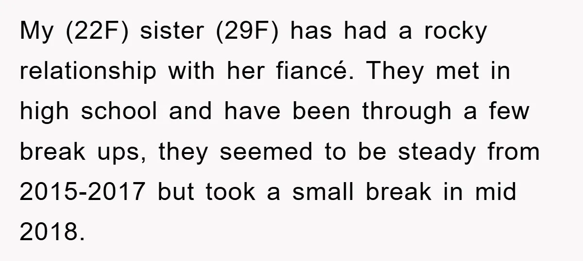 My (22F) sister (29F) has had a rocky relationship with her fiancé. They met in high school and have been through a few break ups, they seemed to be steady...