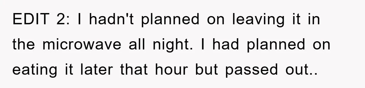 EDIT 2: I hadn't planned on leaving it in the microwave all night. I had planned on eating it later that hour but passed out..