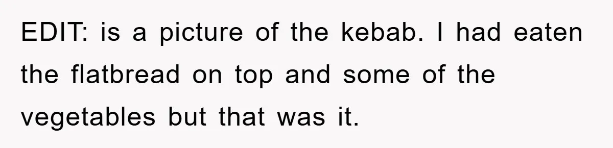 EDIT: is a picture of the kebab. I had eaten the flatbread on top and some of the vegetables but that was it.