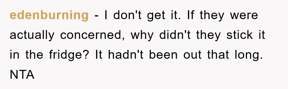 edenburning − I don't get it. If they were actually concerned, why didn't they stick it in the fridge? It hadn't been out that long. NTA