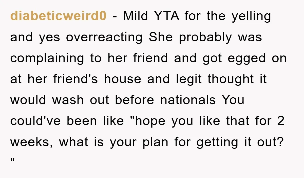 diabeticweird0 − Mild YTA for the yelling and yes overreacting She probably was complaining to her friend and got egged on at her friend's house and legit thought it would...