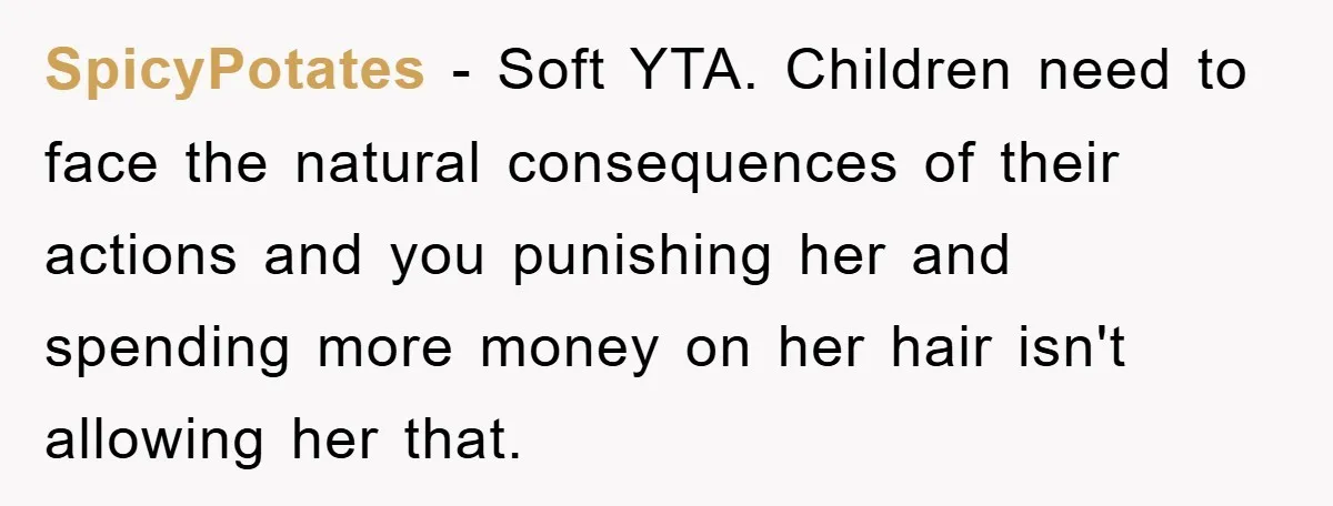 SpicyPotates − Soft YTA. Children need to face the natural consequences of their actions and you punishing her and spending more money on her hair isn't allowing her that.