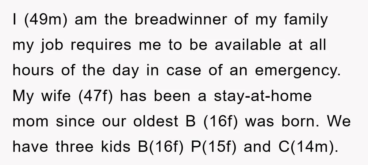 I (49m) am the breadwinner of my family my job requires me to be available at all hours of the day in case of an emergency. My wife (47f) has...