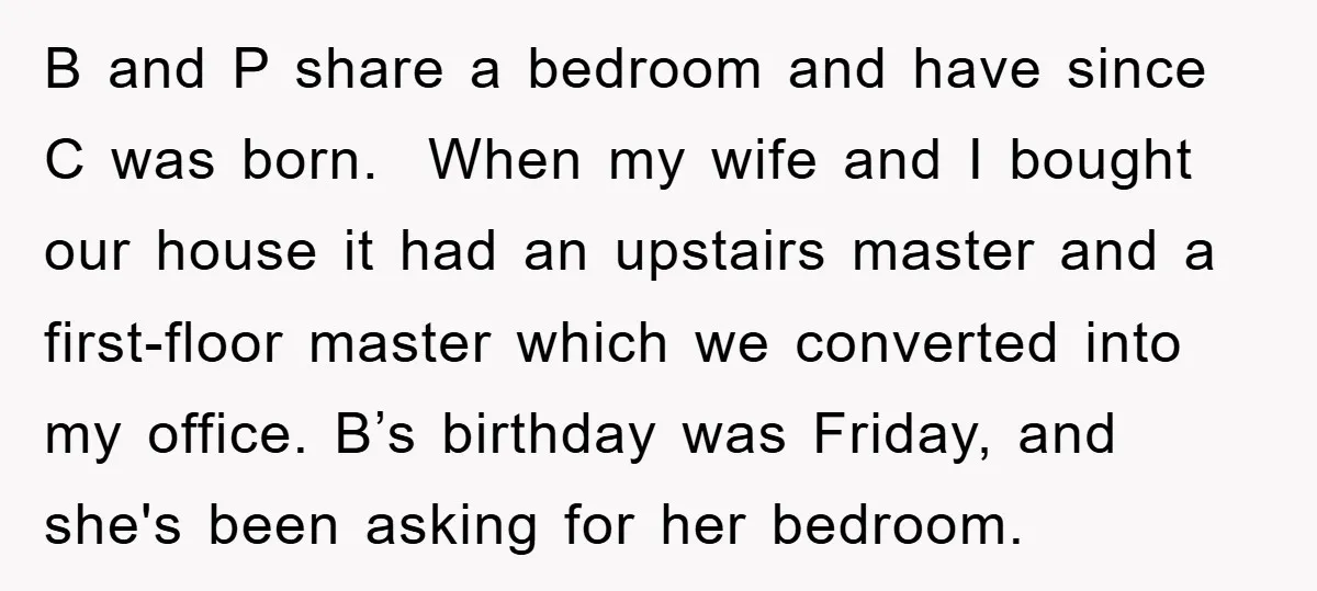 B and P share a bedroom and have since C was born. When my wife and I bought our house it had an upstairs master and a first-floor master which...