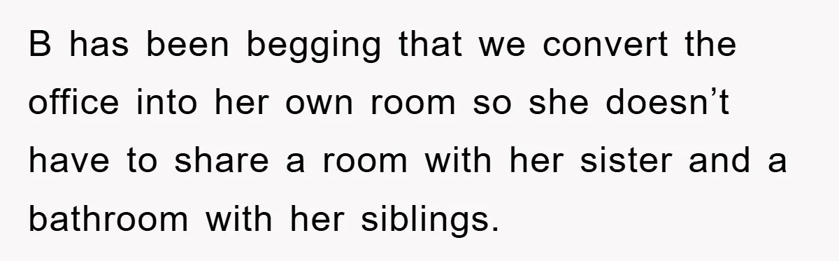 B has been begging that we convert the office into her own room so she doesn’t have to share a room with her sister and a bathroom with her siblings.