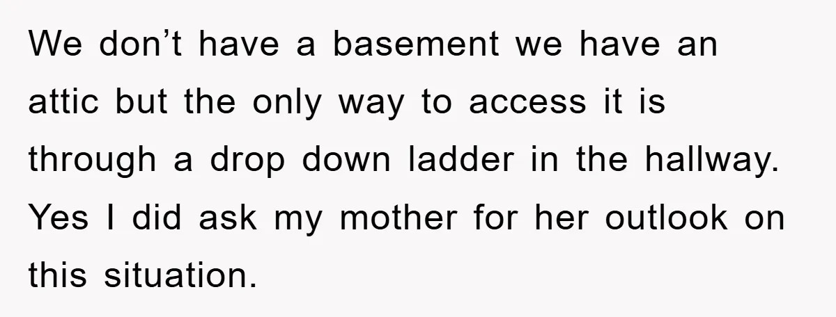 We don’t have a basement we have an attic but the only way to access it is through a drop down ladder in the hallway. Yes I did ask my...