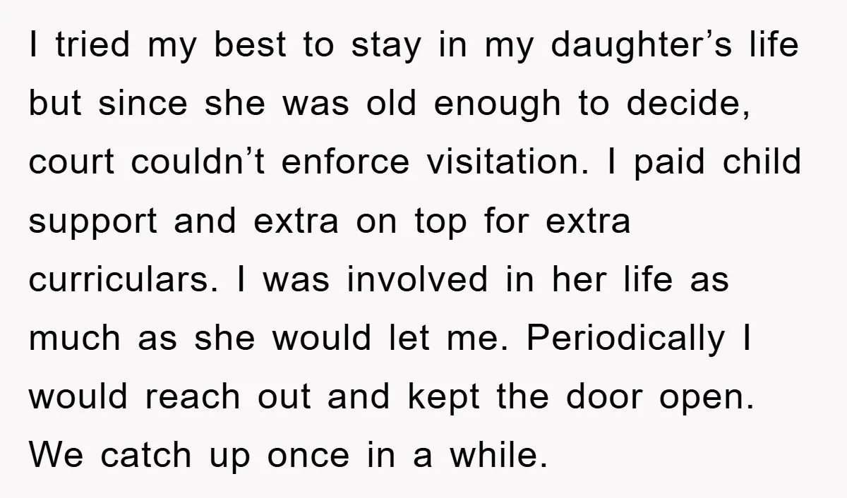 I tried my best to stay in my daughter’s life but since she was old enough to decide, court couldn’t enforce visitation. I paid child support and extra on top...
