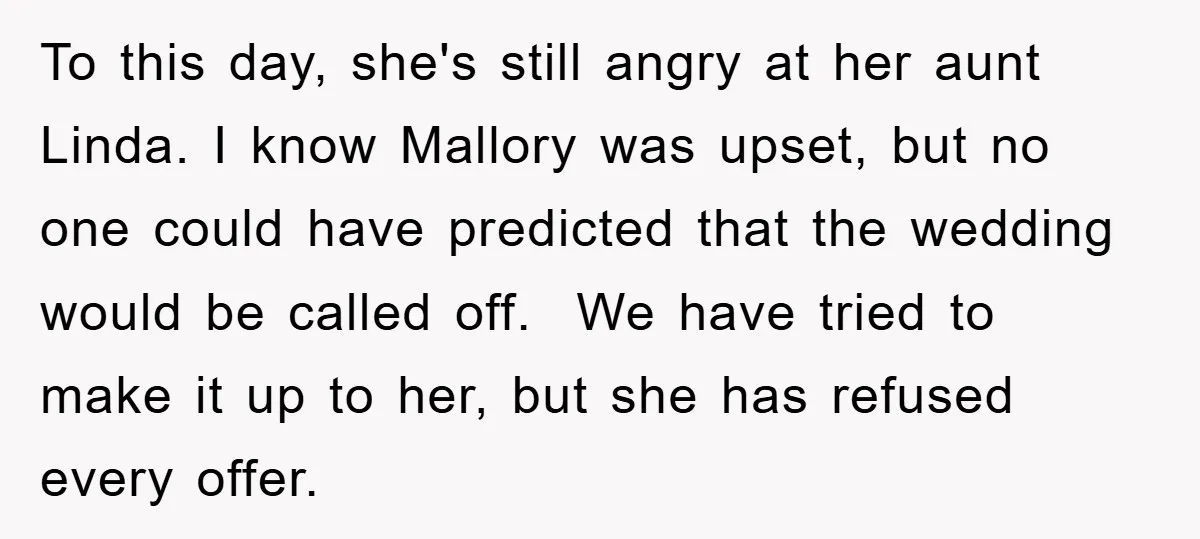 To this day, she's still angry at her aunt Linda. I know Mallory was upset, but no one could have predicted that the wedding would be called off. We have...