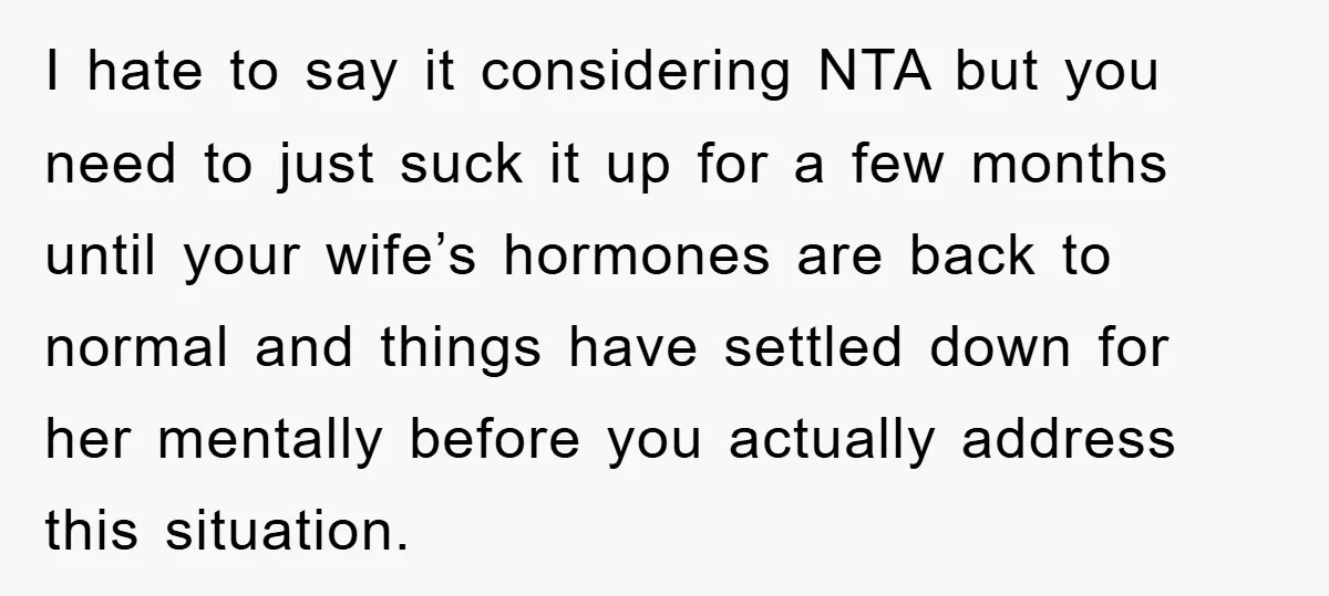 I hate to say it considering NTA but you need to just suck it up for a few months until your wife’s hormones are back to normal and things have...