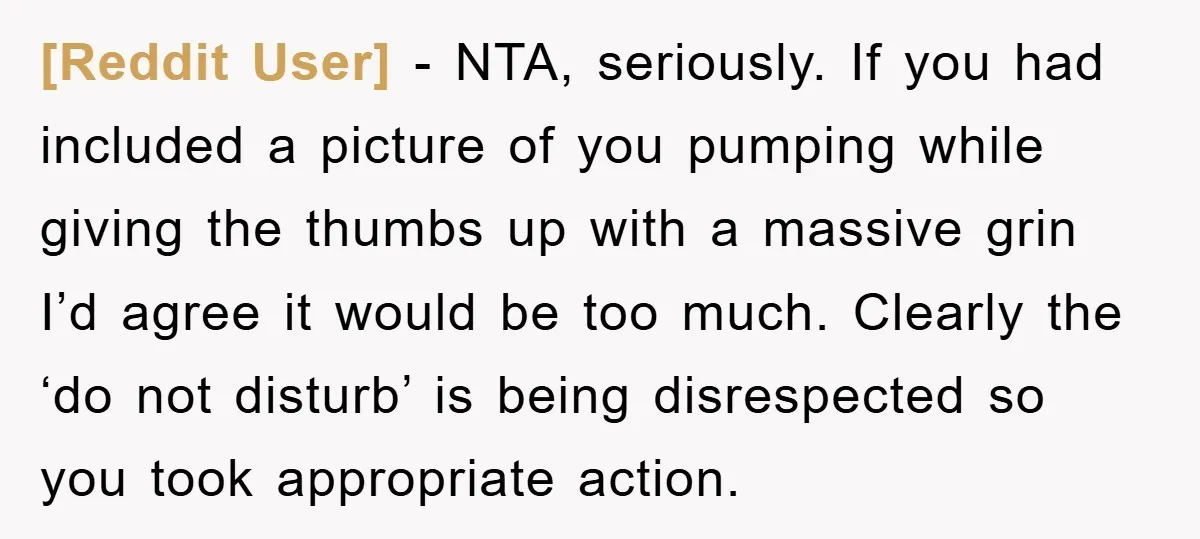 [Reddit User] − NTA, seriously. If you had included a picture of you pumping while giving the thumbs up with a massive grin I’d agree it would be too much....