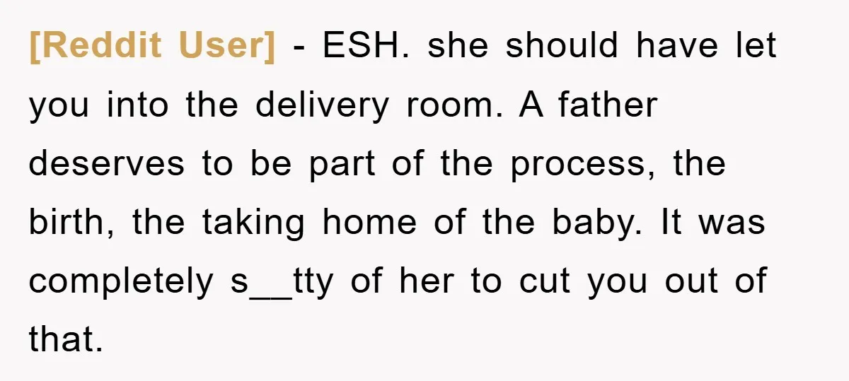 [Reddit User] − ESH. she should have let you into the delivery room. A father deserves to be part of the process, the birth, the taking home of the baby....