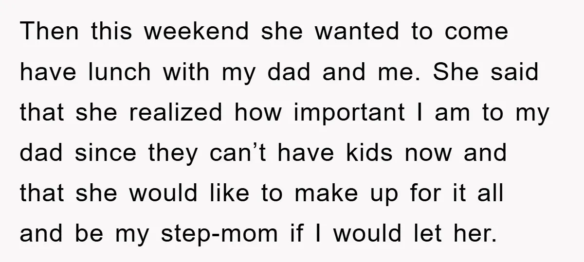 Then this weekend she wanted to come have lunch with my dad and me. She said that she realized how important I am to my dad since they can’t have...