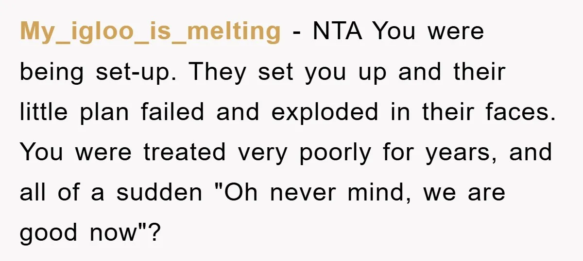 My_igloo_is_melting − NTA You were being set-up. They set you up and their little plan failed and exploded in their faces. You were treated very poorly for years, and all...