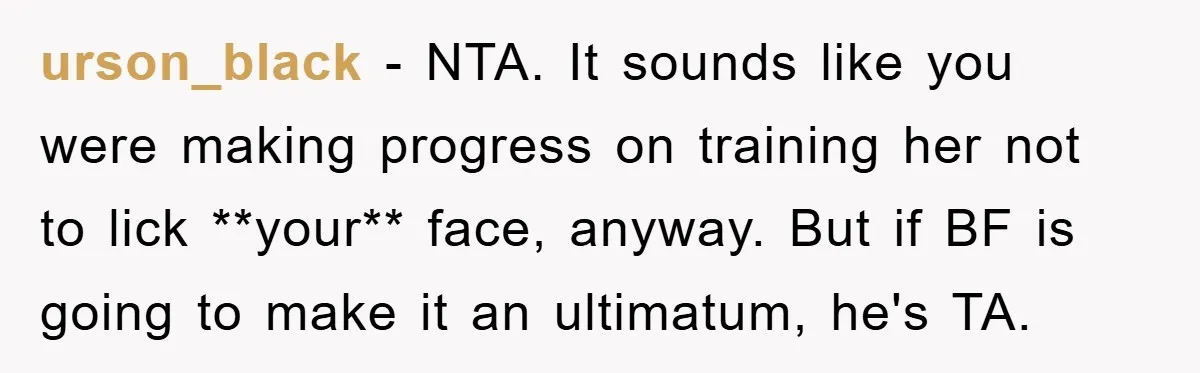 urson_black − NTA. It sounds like you were making progress on training her not to lick **your** face, anyway. But if BF is going to make it an ultimatum, he's...