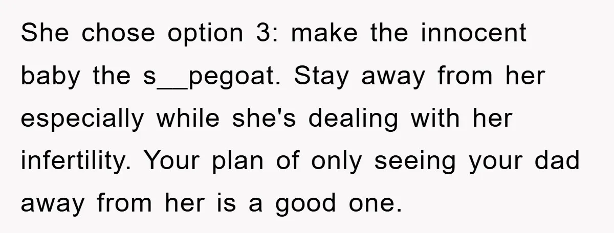 She chose option 3: make the innocent baby the s__pegoat. Stay away from her especially while she's dealing with her infertility. Your plan of only seeing your dad away from...