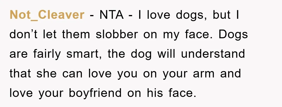 Not_Cleaver − NTA - I love dogs, but I don’t let them slobber on my face. Dogs are fairly smart, the dog will understand that she can love you on...