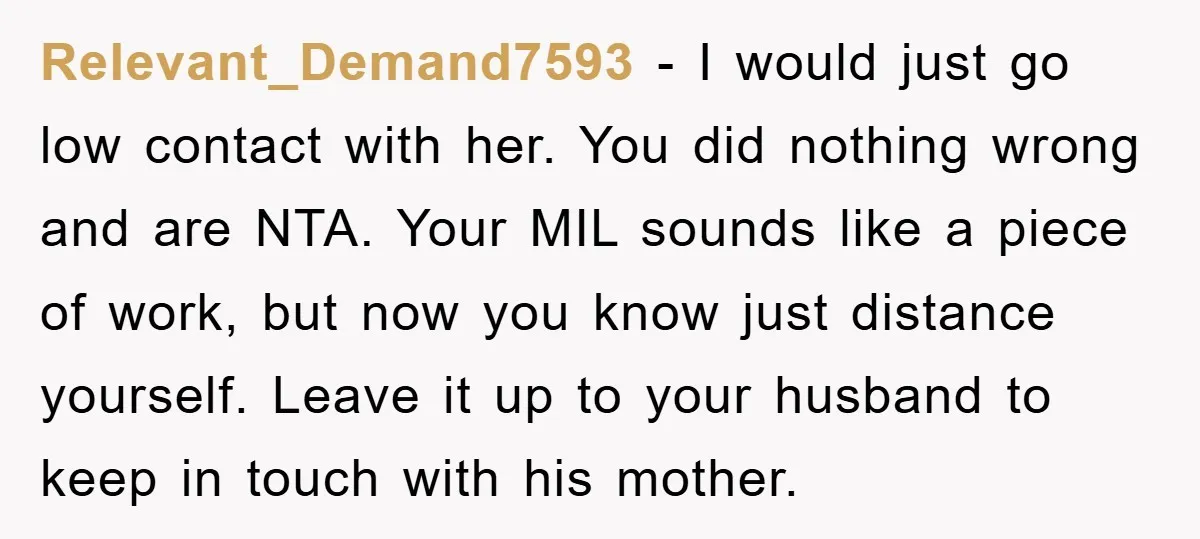 Relevant_Demand7593 − I would just go low contact with her. You did nothing wrong and are NTA. Your MIL sounds like a piece of work, but now you know just...