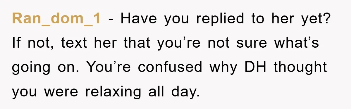 Ran_dom_1 − Have you replied to her yet? If not, text her that you’re not sure what’s going on. You’re confused why DH thought you were relaxing all day.