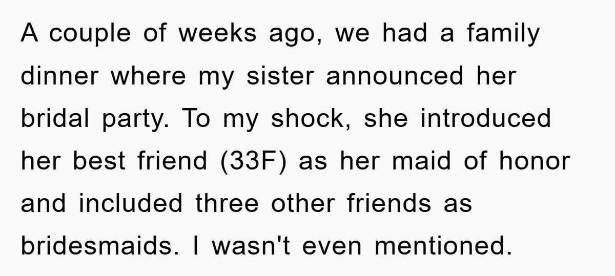 A couple of weeks ago, we had a family dinner where my sister announced her bridal party. To my shock, she introduced her best friend (33F) as her maid of...