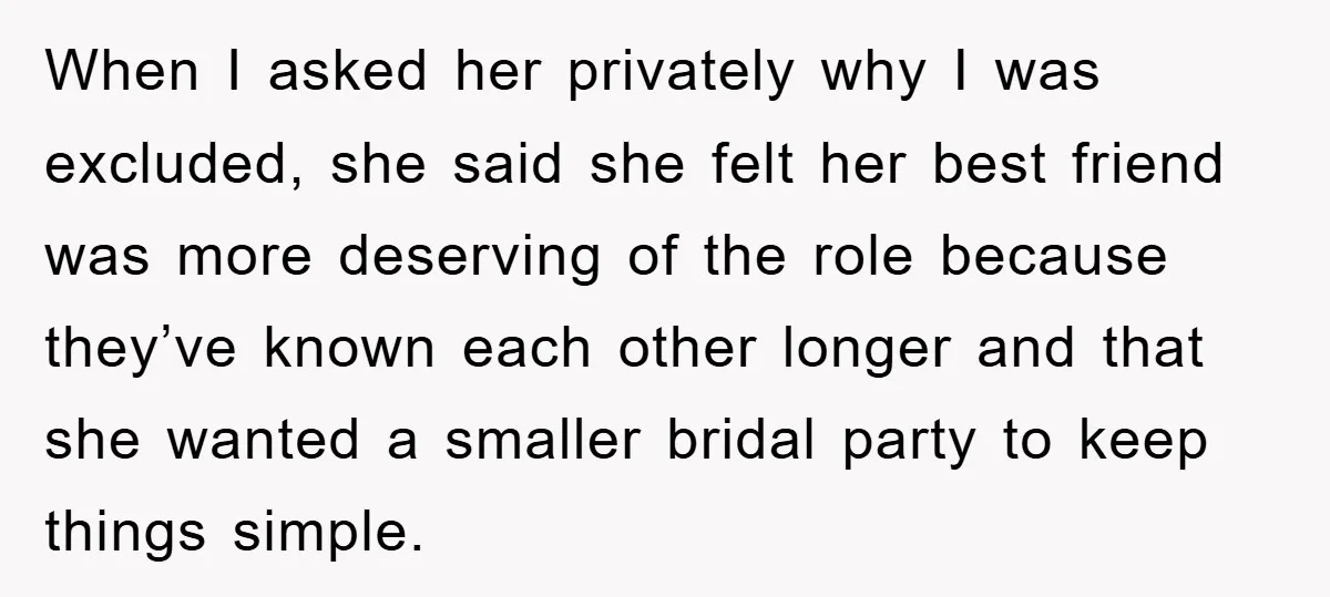 When I asked her privately why I was excluded, she said she felt her best friend was more deserving of the role because they’ve known each other longer and that...