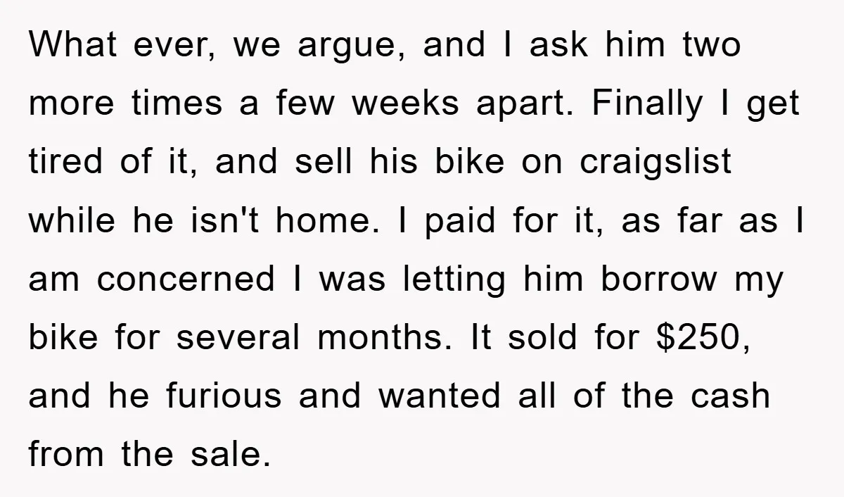 What ever, we argue, and I ask him two more times a few weeks apart. Finally I get tired of it, and sell his bike on craigslist while he isn't...