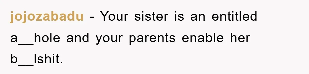 jojozabadu − Your sister is an entitled a__hole and your parents enable her b__lshit.