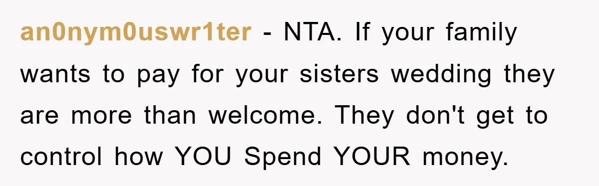 an0nym0uswr1ter − NTA. If your family wants to pay for your sisters wedding they are more than welcome. They don't get to control how YOU Spend YOUR money.