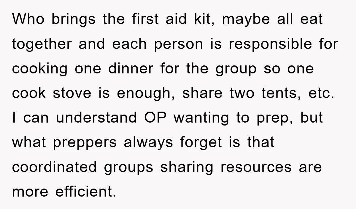 Who brings the first aid kit, maybe all eat together and each person is responsible for cooking one dinner for the group so one cook stove is enough, share two...