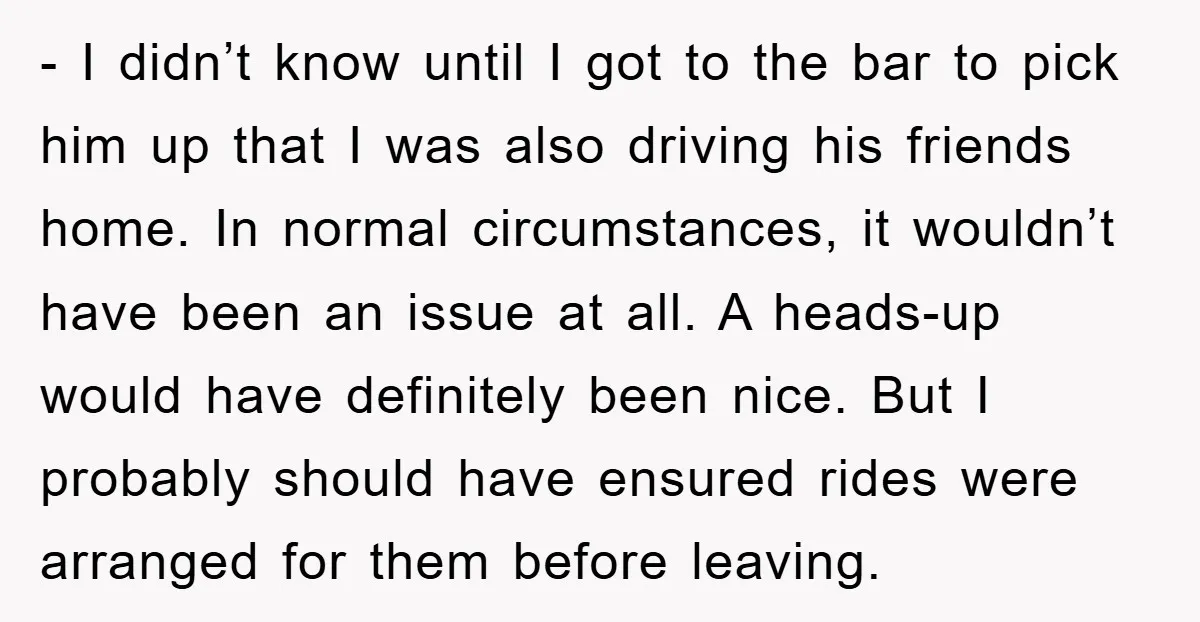 - I didn’t know until I got to the bar to pick him up that I was also driving his friends home. In normal circumstances, it wouldn’t have been an...