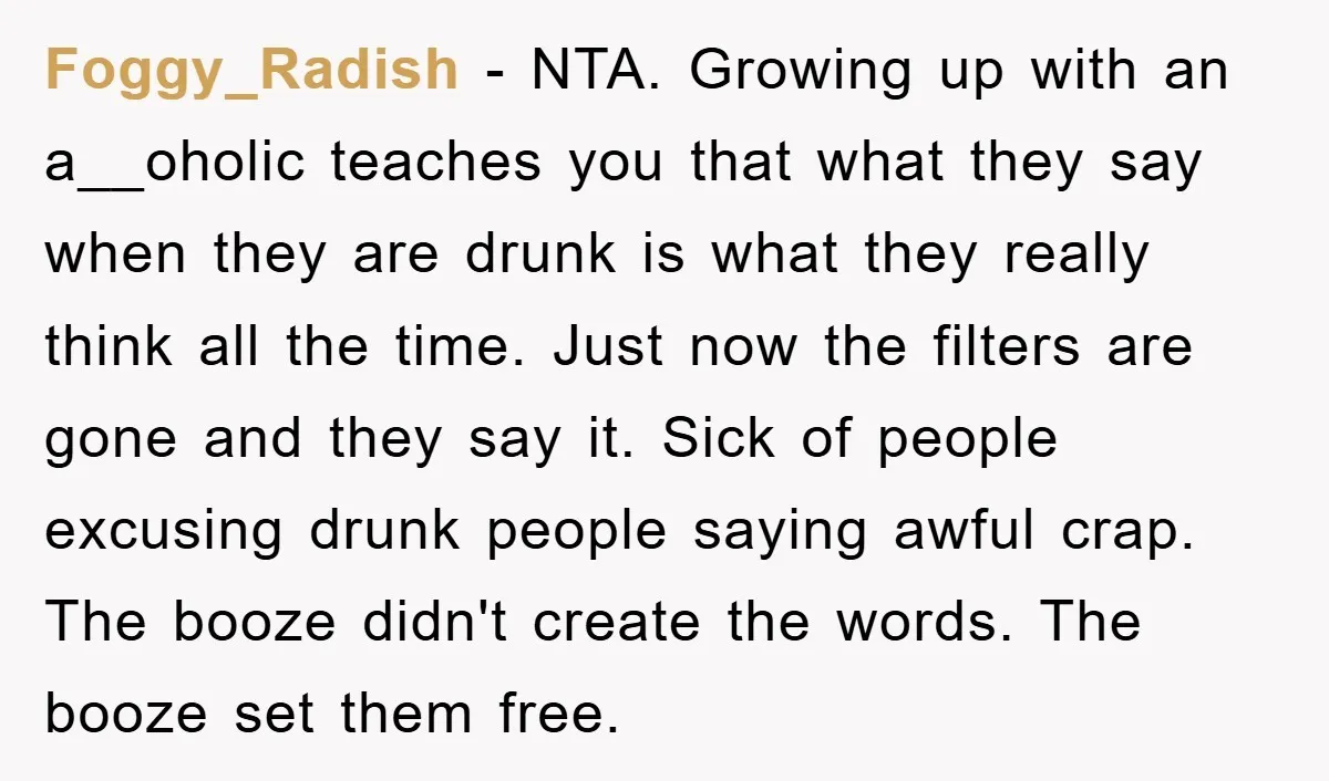 Foggy_Radish − NTA. Growing up with an a__oholic teaches you that what they say when they are drunk is what they really think all the time. Just now the filters...