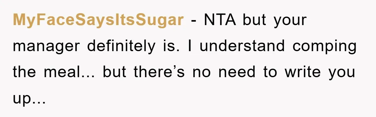 MyFaceSaysItsSugar − NTA but your manager definitely is. I understand comping the meal... but there’s no need to write you up...
