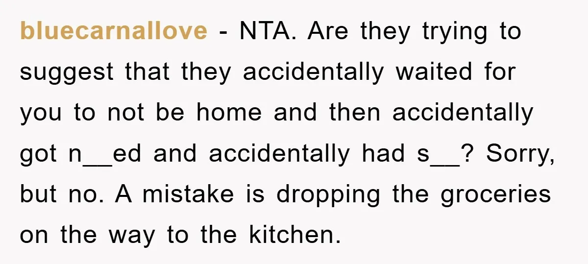 bluecarnallove − NTA. Are they trying to suggest that they accidentally waited for you to not be home and then accidentally got n__ed and accidentally had s__? Sorry, but no....
