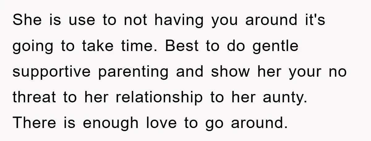 She is use to not having you around it's going to take time. Best to do gentle supportive parenting and show her your no threat to her relationship to her...