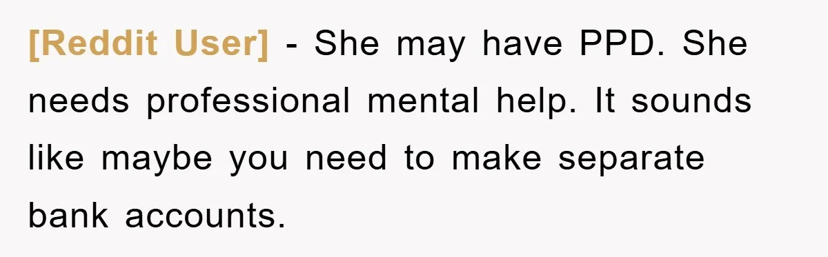 [Reddit User] − She may have PPD. She needs professional mental help. It sounds like maybe you need to make separate bank accounts.