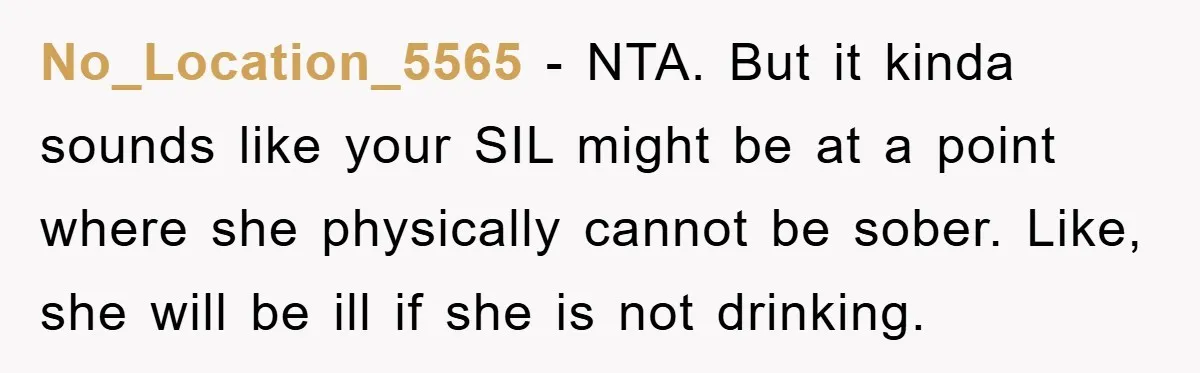 No_Location_5565 − NTA. But it kinda sounds like your SIL might be at a point where she physically cannot be sober. Like, she will be ill if she is not...