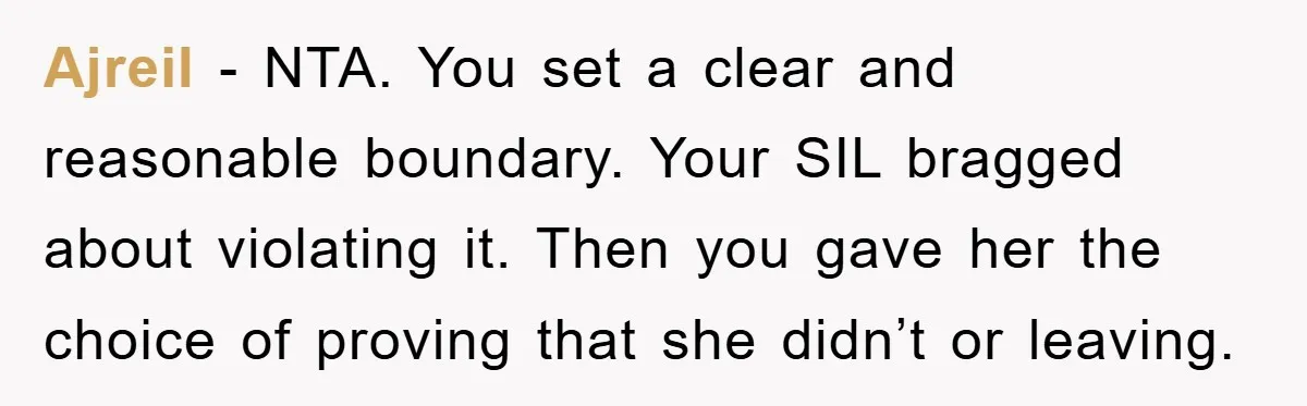 Ajreil − NTA. You set a clear and reasonable boundary. Your SIL bragged about violating it. Then you gave her the choice of proving that she didn’t or leaving.