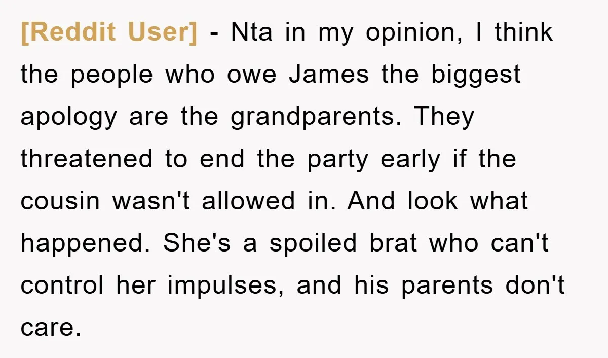 [Reddit User] − Nta in my opinion, I think the people who owe James the biggest apology are the grandparents. They threatened to end the party early if the cousin...