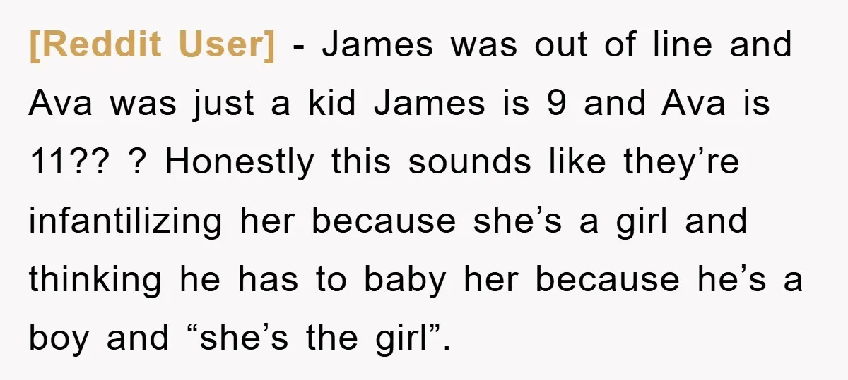 [Reddit User] − James was out of line and Ava was just a kid James is 9 and Ava is 11?? ? Honestly this sounds like they’re infantilizing her because...