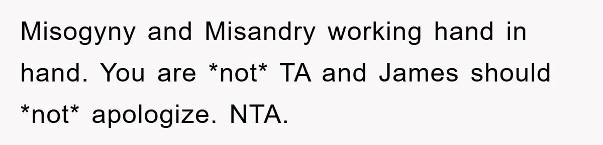 Misogyny and Misandry working hand in hand. You are *not* TA and James should *not* apologize. NTA.
