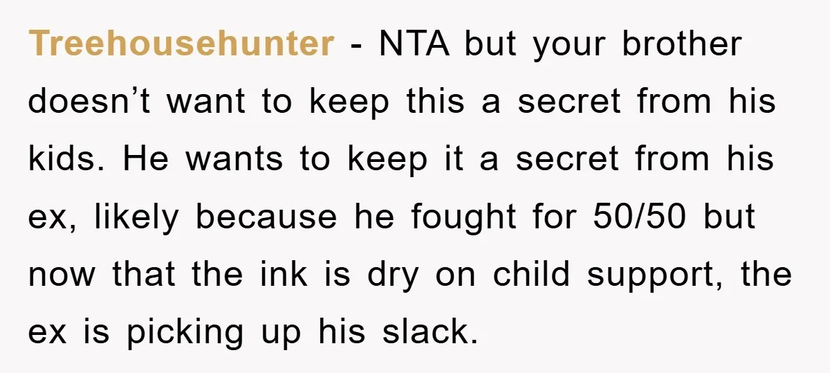Treehousehunter − NTA but your brother doesn’t want to keep this a secret from his kids. He wants to keep it a secret from his ex, likely because he fought...
