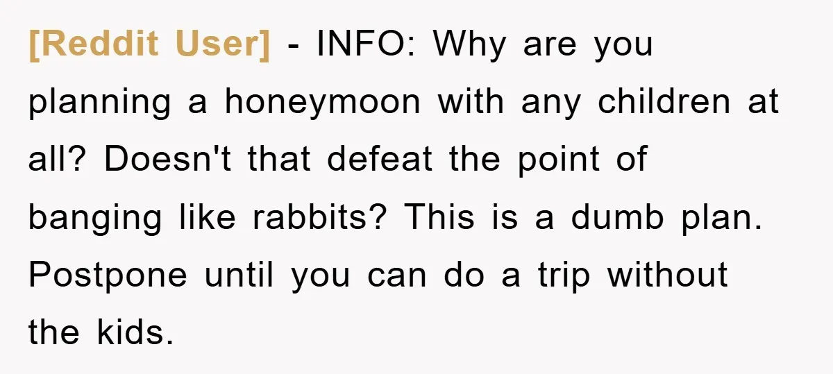 [Reddit User] − INFO: Why are you planning a honeymoon with any children at all? Doesn't that defeat the point of banging like rabbits? This is a dumb plan. Postpone...