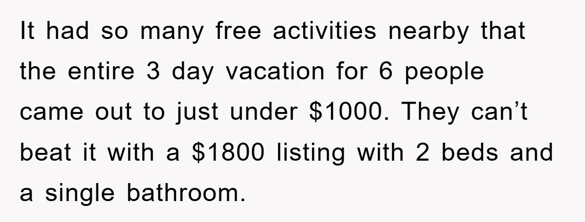 It had so many free activities nearby that the entire 3 day vacation for 6 people came out to just under $1000. They can’t beat it with a $1800 listing...