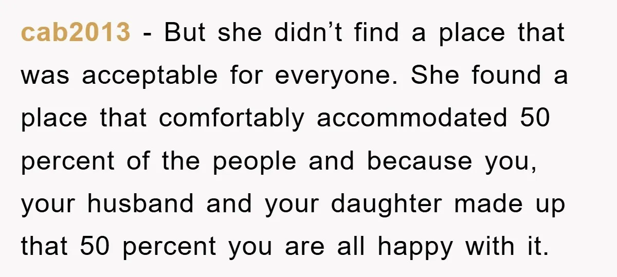 cab2013 − But she didn’t find a place that was acceptable for everyone. She found a place that comfortably accommodated 50 percent of the people and because you, your husband...
